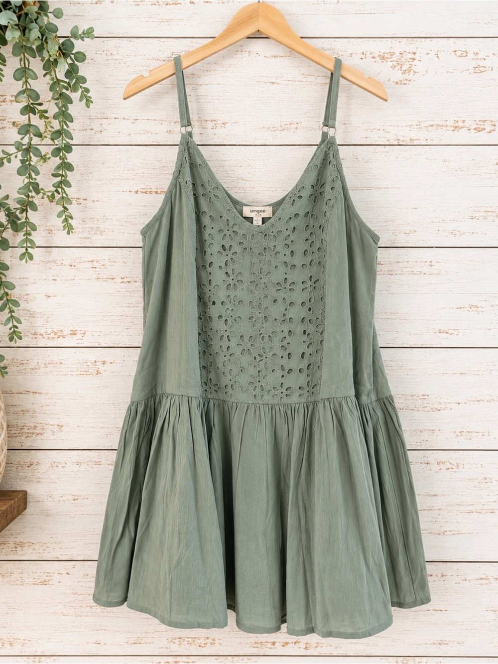 Umgee Sage Green Eyelet Tiered Mini Dress